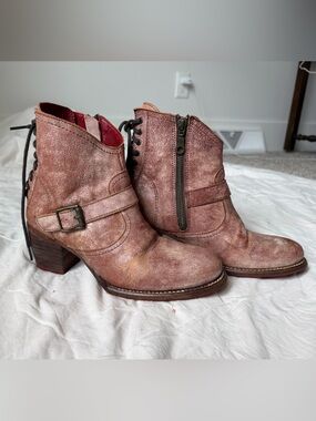 Bed Stu Dusty Rose Leather Ankle Booties with Buckle & Side Zip